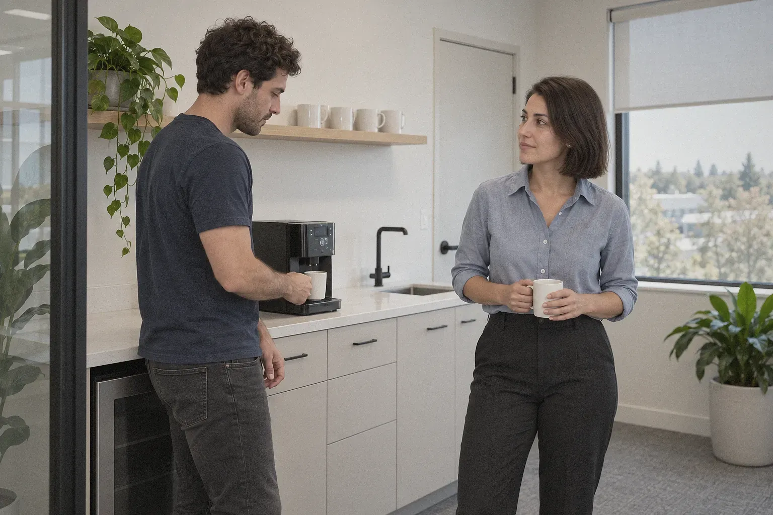 Dos personas de Narops charlando junto a la cafetera de la oficina