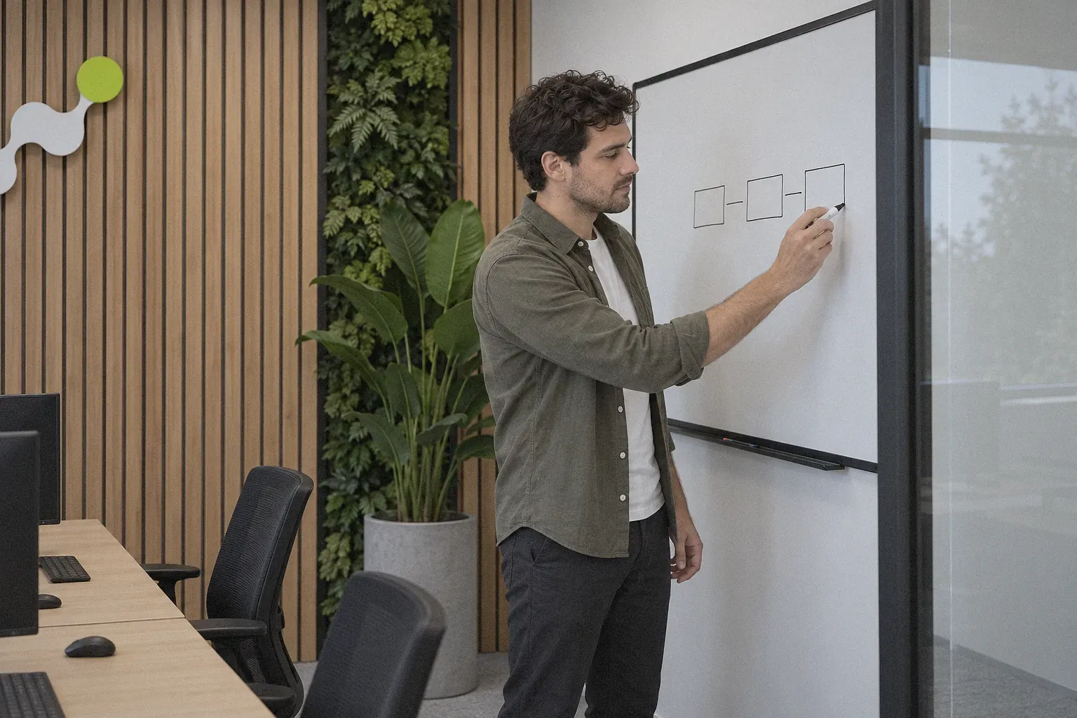 Dos personas de Narops revisando la estructura de una web dibujada en una pizarra.