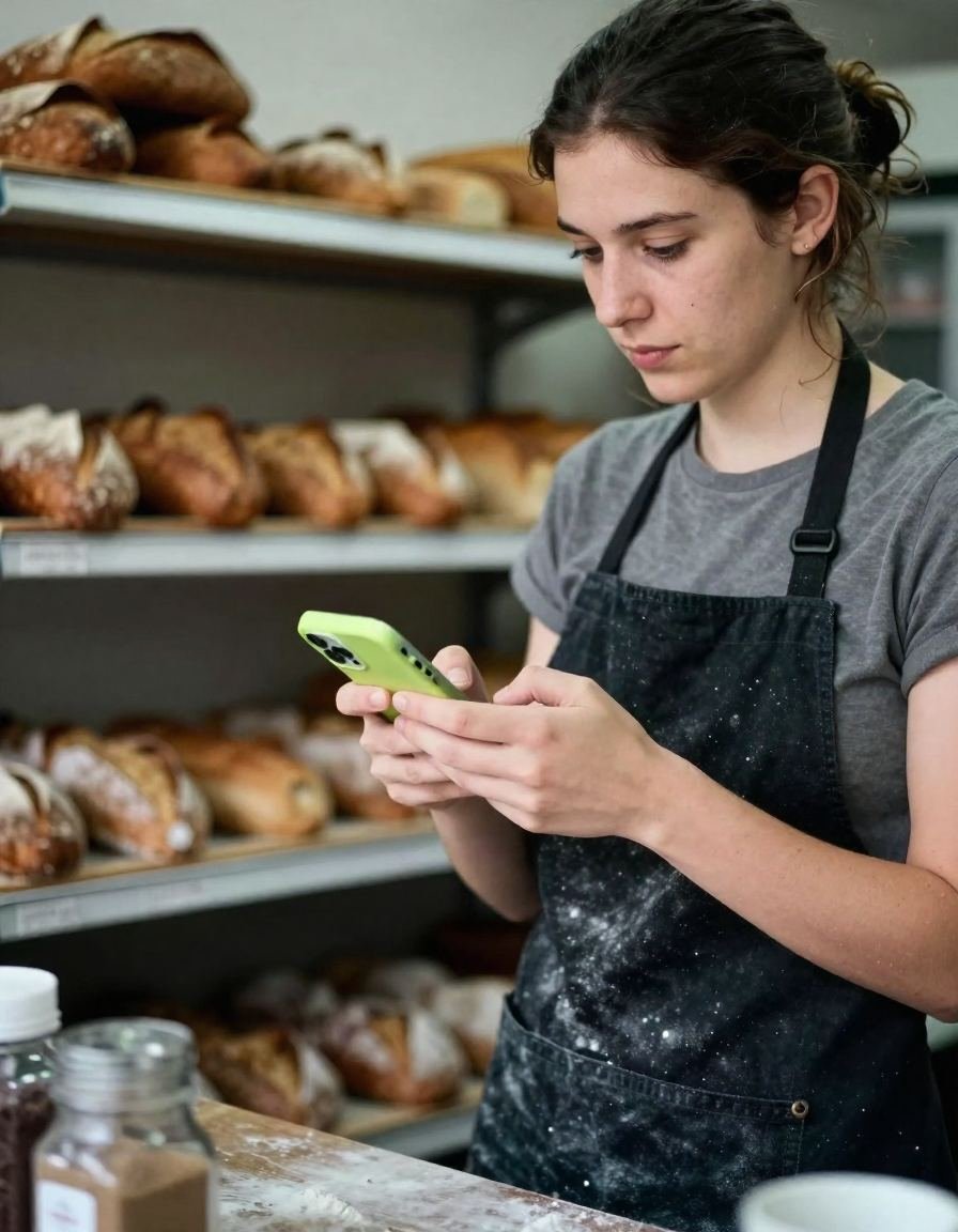 Dueña de una panadería mira en el móvil un mensaje nuevo de un cliente.