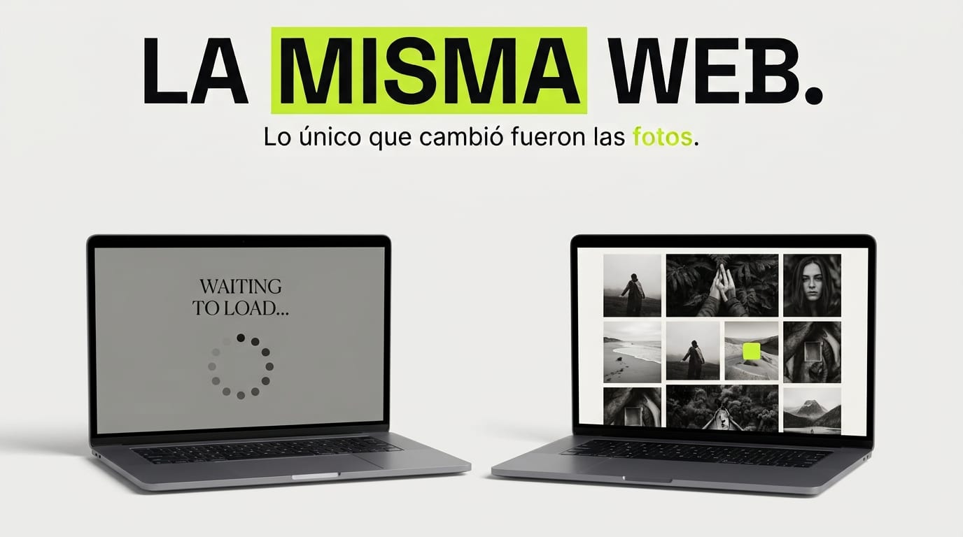 La misma página web en dos portátiles idénticos: en el de la izquierda la pantalla sigue en gris esperando a cargar; en el de la derecha ya se ve completa, con su rejilla de fotografías.