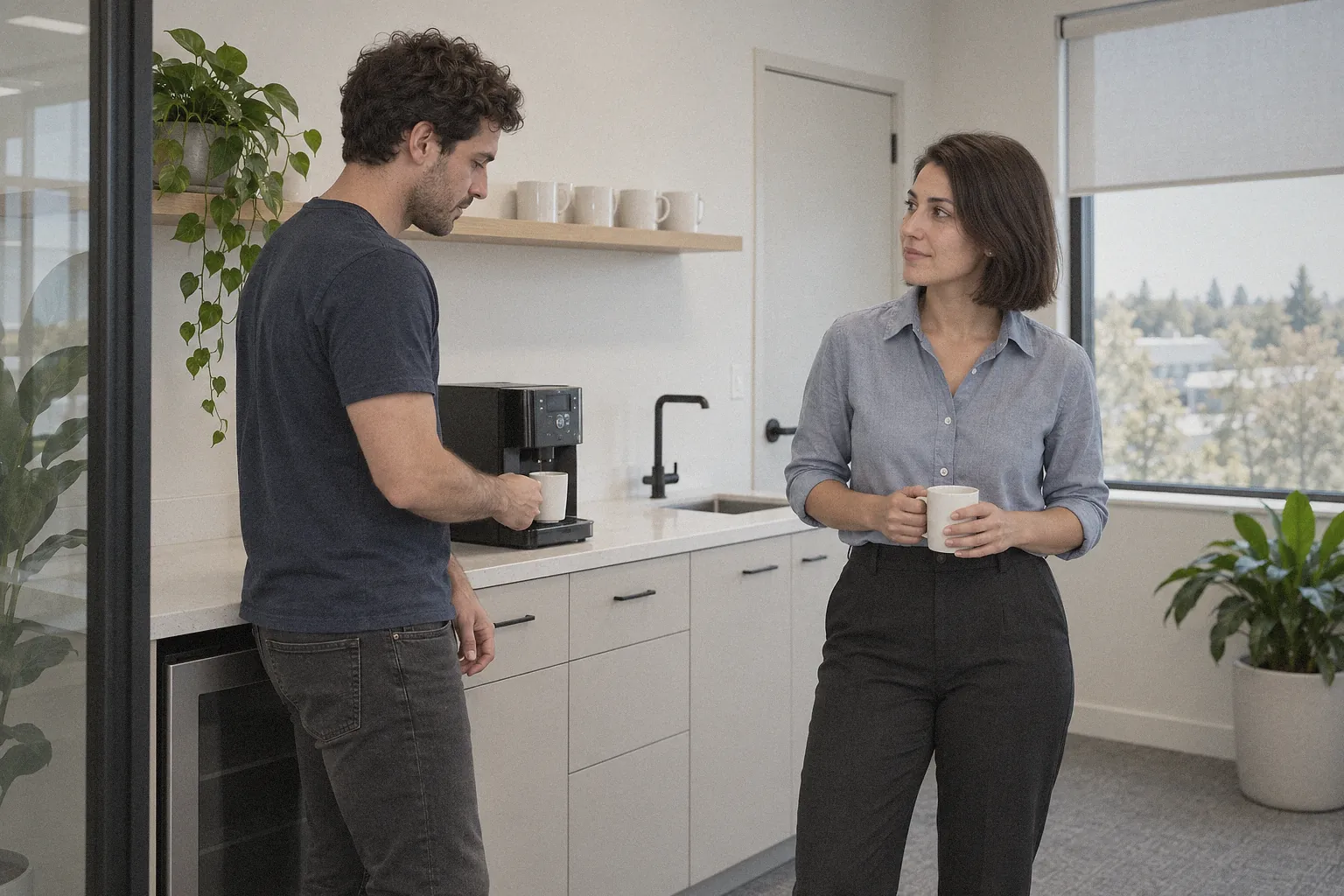 Dos personas de Narops charlando junto a la cafetera de la oficina