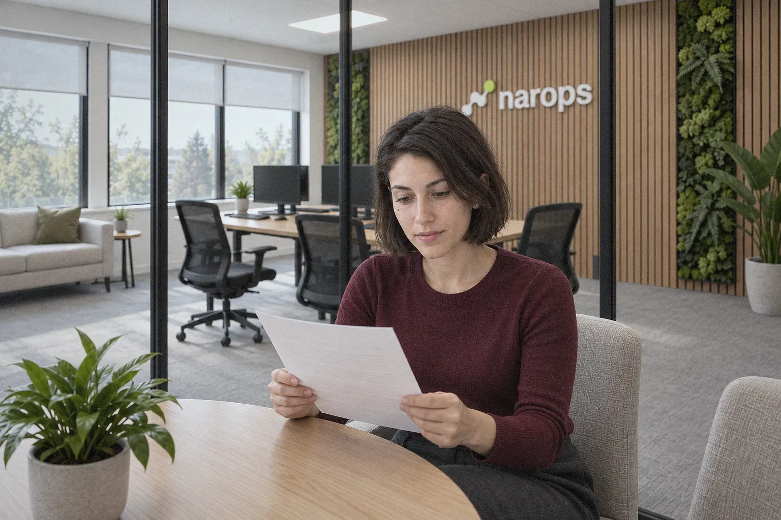 Revisión de un documento en la oficina de Narops