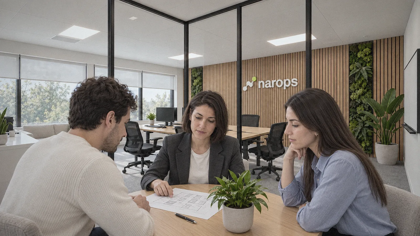 Equipo de Narops revisando un plano en la sala de reuniones